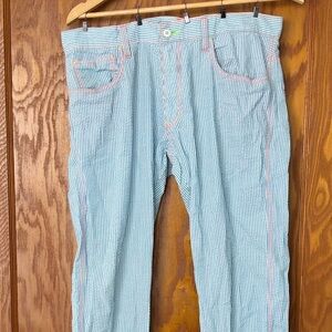 Andrew Christian Blue and White Striped Chinos with Pink Accents